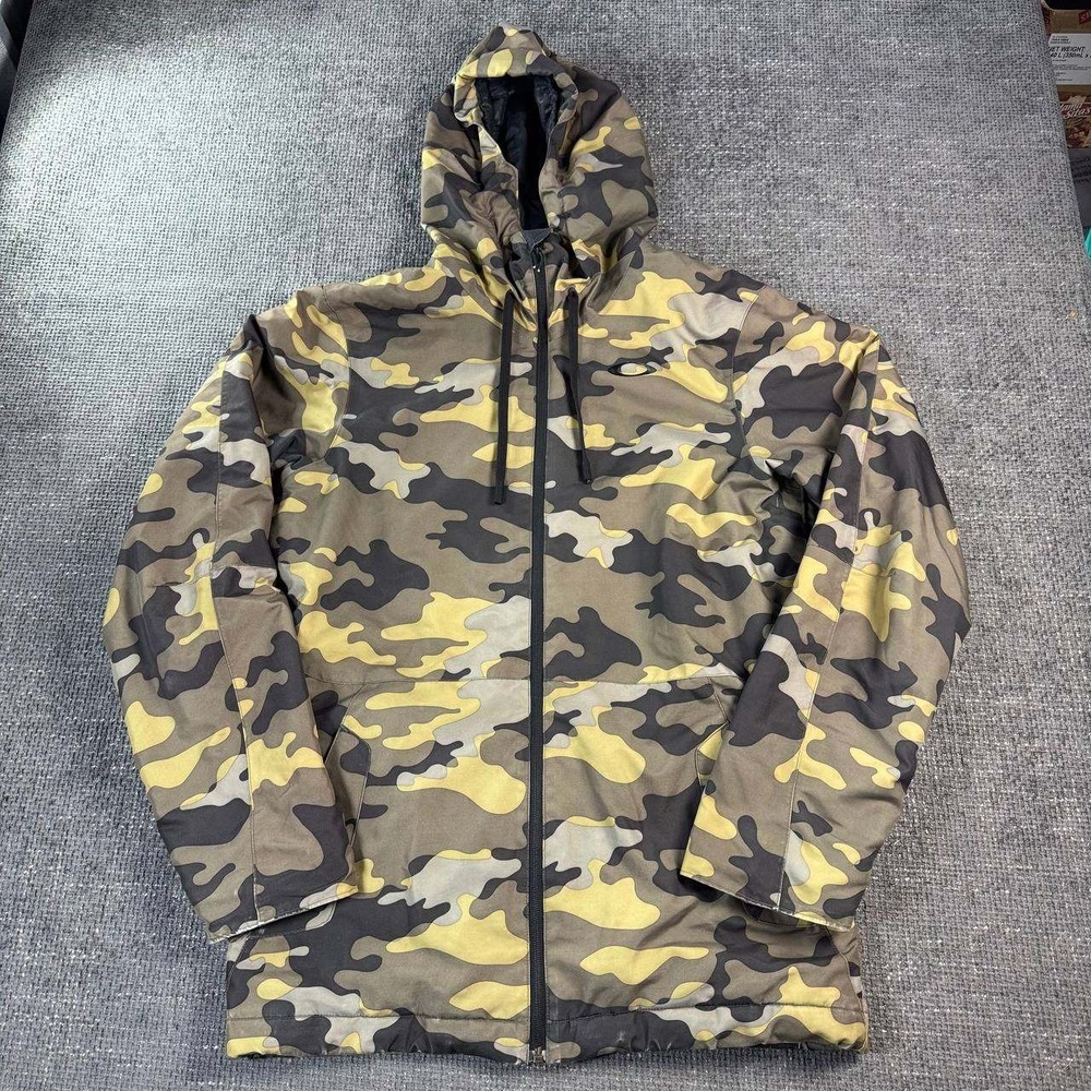 Oakley Camo Snowboard Jacket Mens Medium Green Yellow Full Zip Hooded Parka